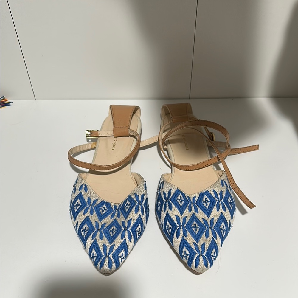 Anthropologie Blue and Tan Flats with Pointed Toe